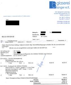 Rechnung Glaserei Langer e.K., Notverglasung